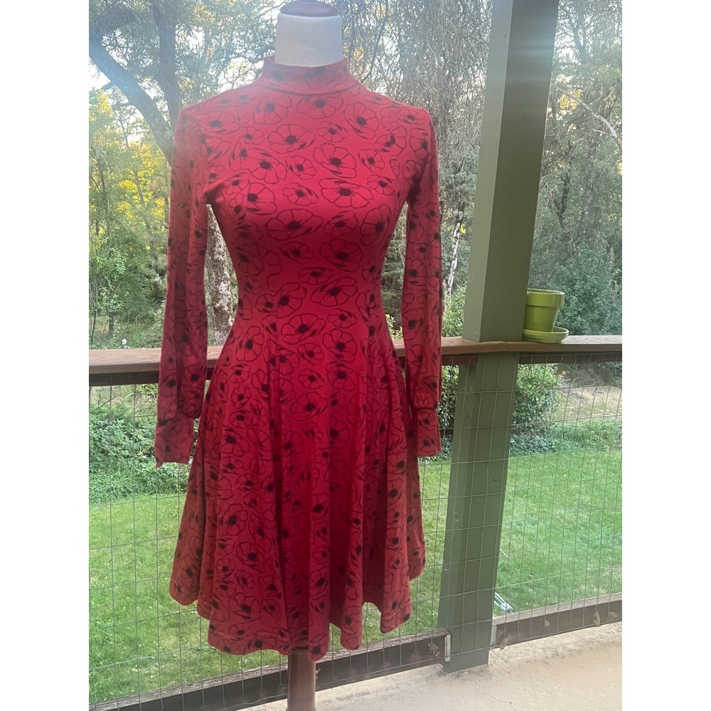 Effies Heart Red Black Poppy Floral Mock Neck Long Sleeve Fit Flare Dress Small
